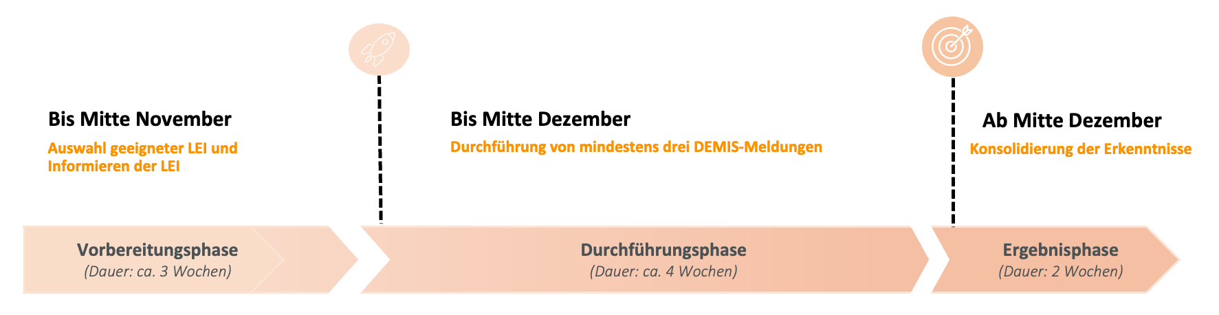 DEMIS Zeitstrahl Pilotierung: Detail Grafik, die die DEMIS-Pilotierungsphasen als Zeitstrahl abbildet: Die Vorbereitungsphase mit ca. 3 Wochen bis Mitte November, die Durchführungsphase mit ca. 4 Wochen bis Mitte Dezember 2025 und die Ergebnisphase mit 2 Wochen ab Mitte Dezember 2025